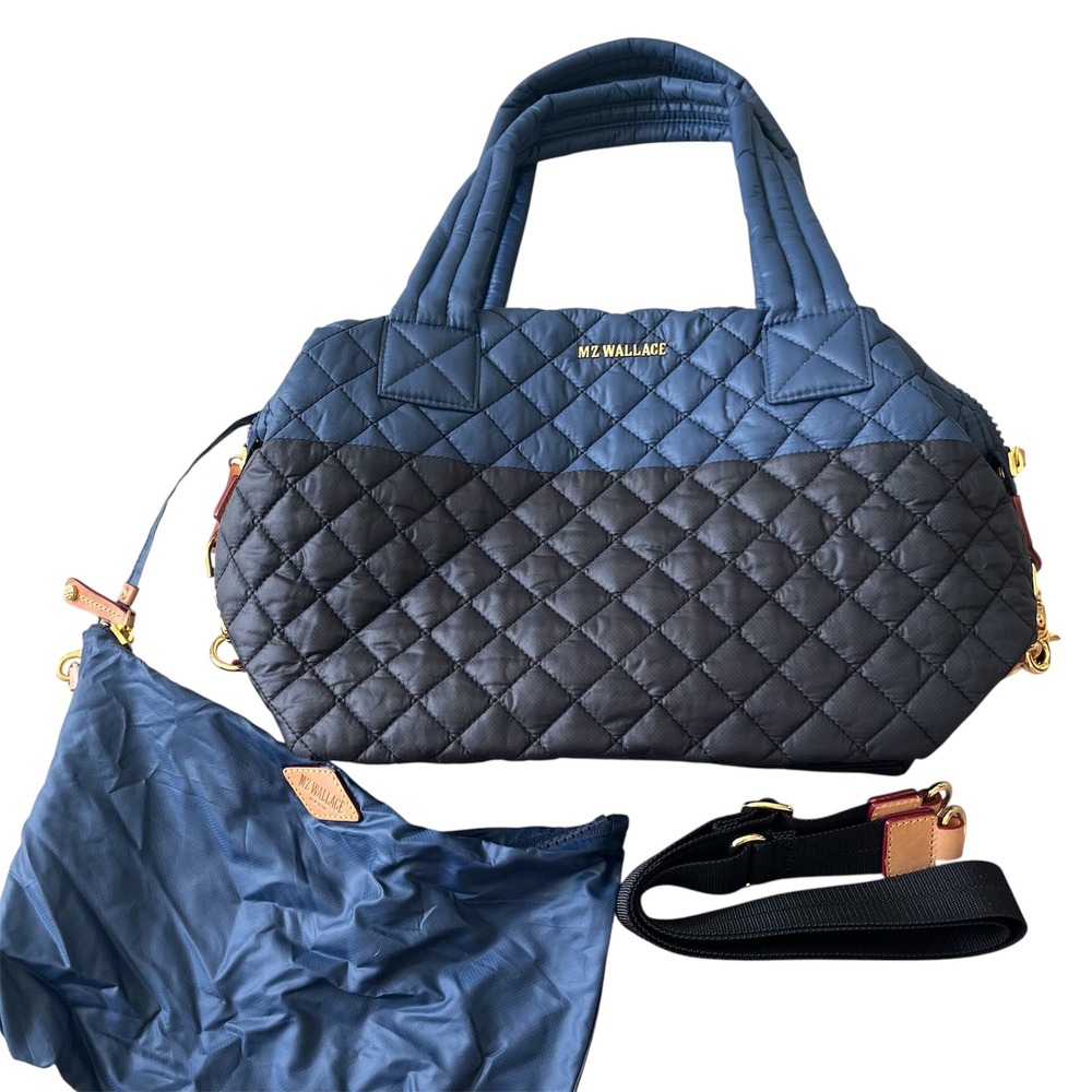 MZ Wallace Sutton Deluxe Medium Bag Black Navy Tote Crossbody Purse Pouch Strap